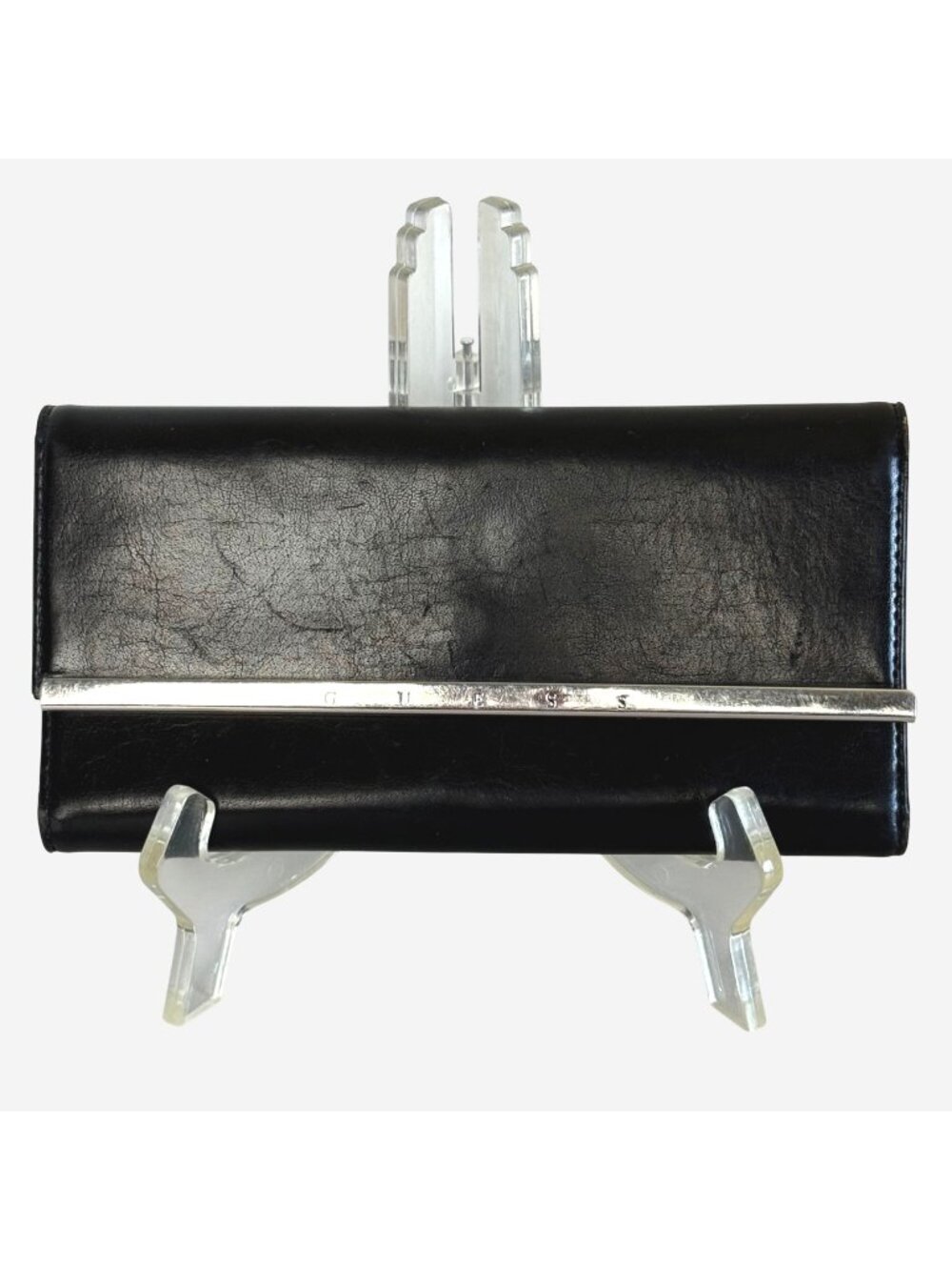 Vintage GUESS Black Trifold Clutch Wallet Y2K Silver Metal Bar Faux Leather GUC